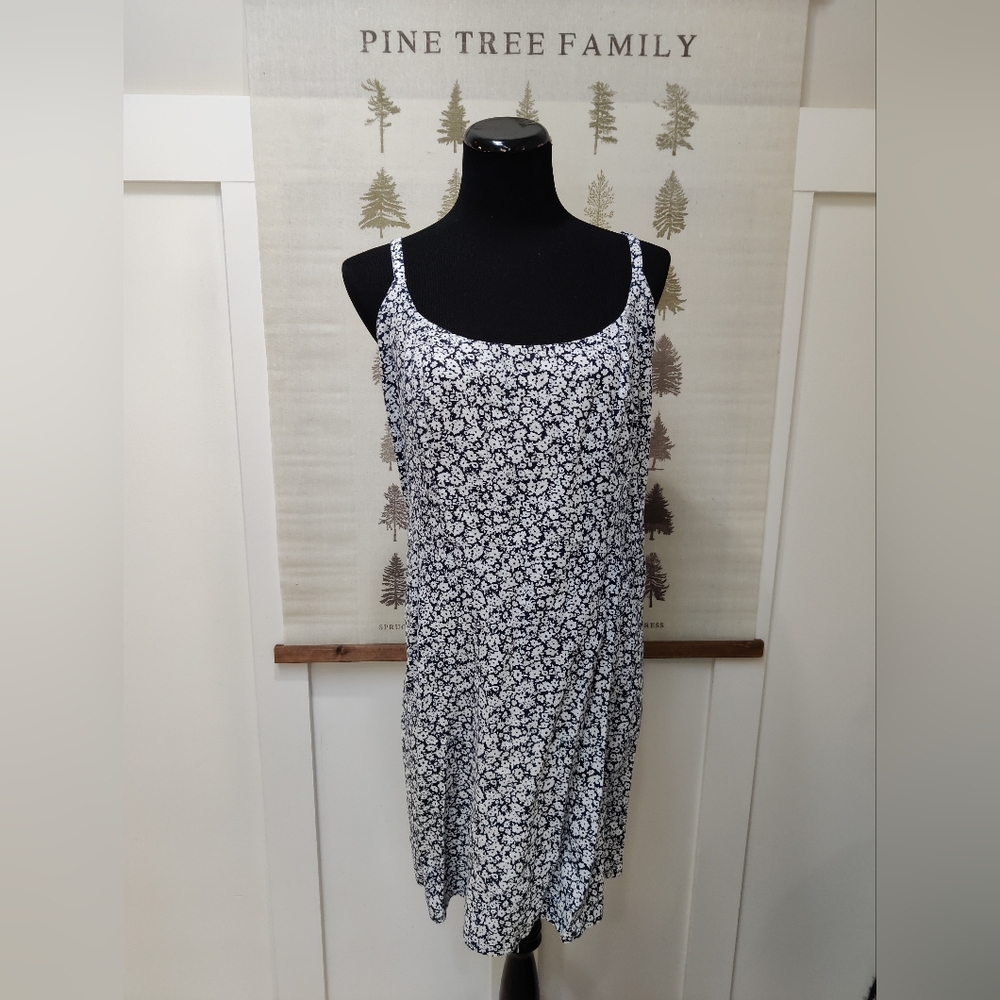 Old Navy Floral Mini Dress XXL Blue White Linen Blend Smocked Back Sun Dress
